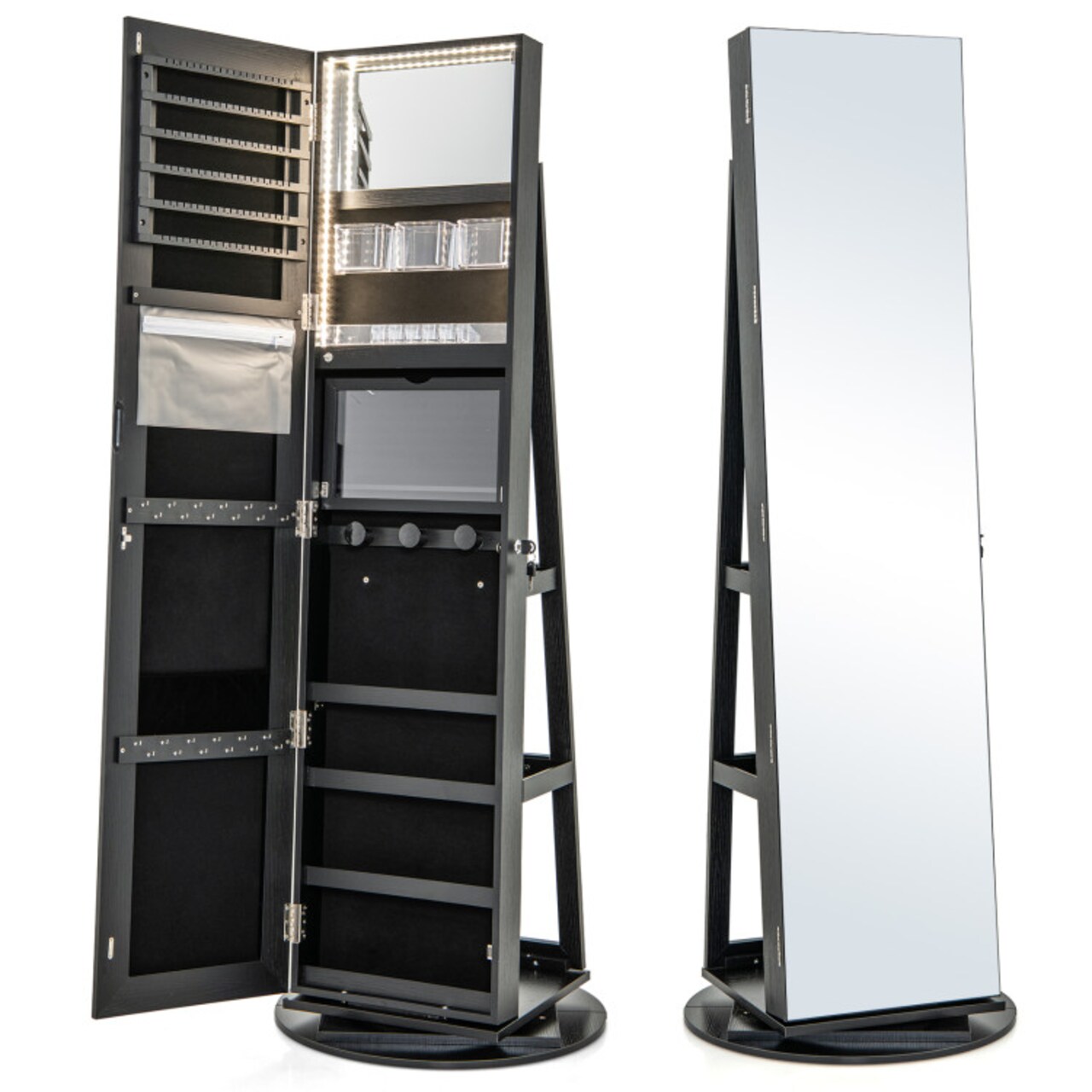 Freestanding Jewelry Armoire with Mirror Lockable LED Lights Swivel Base